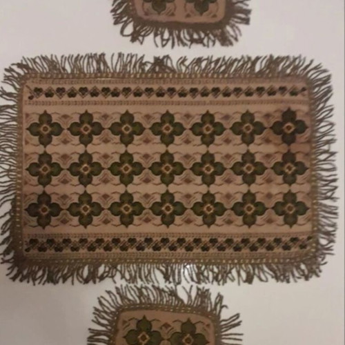 Handmade table runners used, set of three in olive and earth tones with gold details