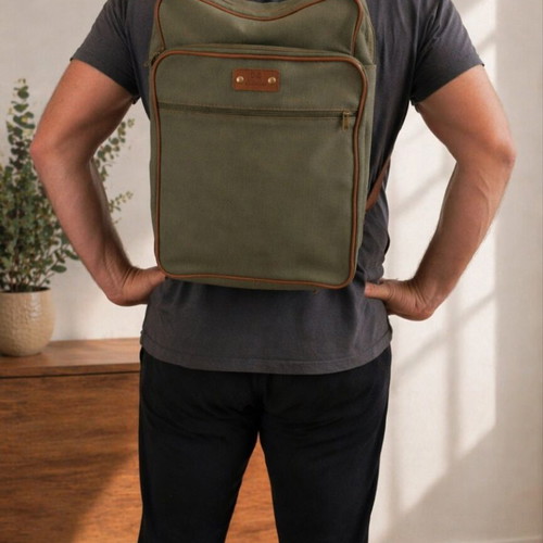 JK Leather backpack used, khaki canvas with leather details