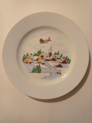 Porcelain plate platter used, white Christmas Swan Ks Branch