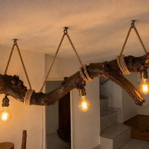 Handmade Rustic Ceiling Lamp 65 cm with 3x E27 Sockets, Hemp Rope, Natural Wood
