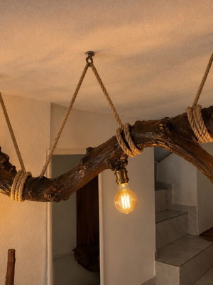 Handmade Rustic Ceiling Lamp 65 cm with 3x E27 Sockets, Hemp Rope, Natural Wood