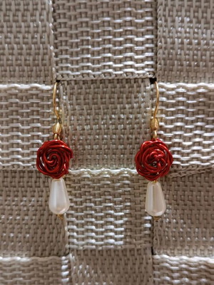 Earrings red rose with pearl drop handmade, made to order