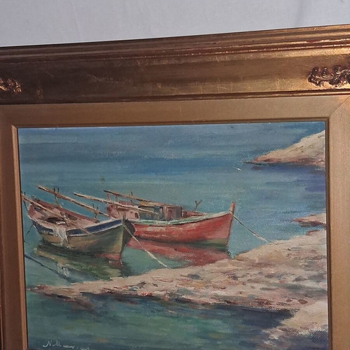 Nikos Maniatis Seascape with Traditional Boats Oil Painting on Hardboard