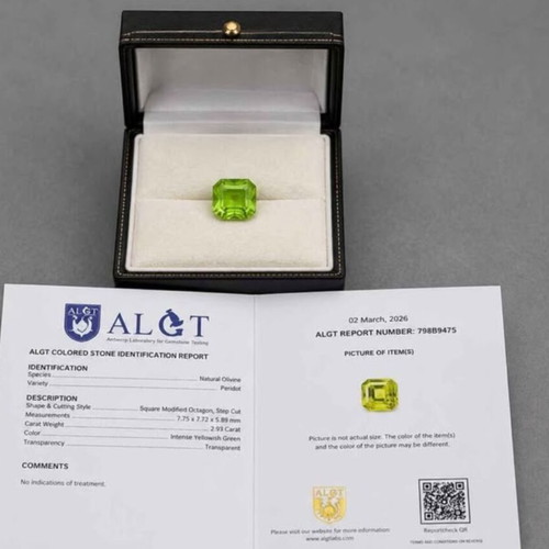 Natural Peridot 2.93 ct Cushion Modified Octagon Cut ALGT Certified