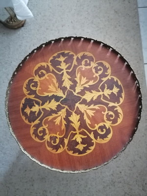Vintage marquetry table with bronze statues on 3 levels like new