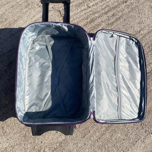 Medium sized luggage purple suitcase used, 2 wheels