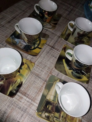 Set of 6 Greek coffee cups with saucers used