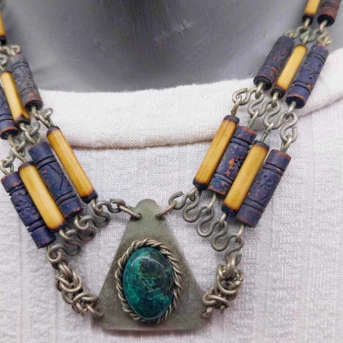 Vintage necklace with green malachite used, unique old pendant