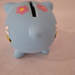 Decorative piggy bank used, blue with flowers and bees, 7.5 cm