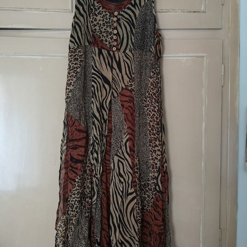 Vintage Phool sleeveless maxi dress used, patchwork animal print, size L/XL
