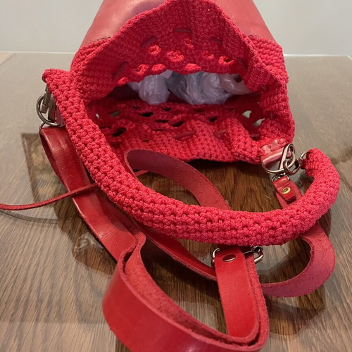 Handmade red leather and knitted pouch shoulder bag
