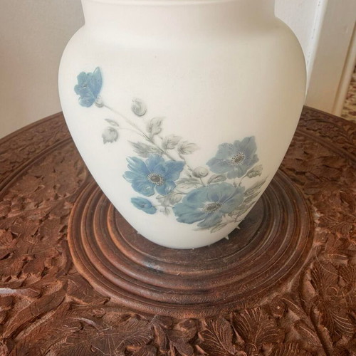 Vintage opaline vase with blue floral decoration, like new