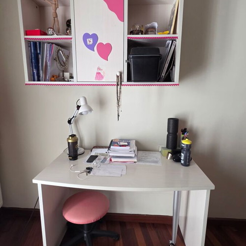 Children's bedroom set used with 2 bookshelves, desk, shelves, and bunk bed with mattresses