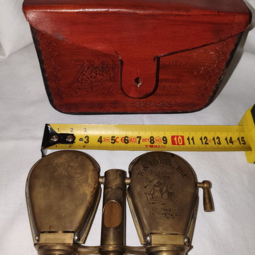 Vintage brass decorative binoculars with leather case, new
