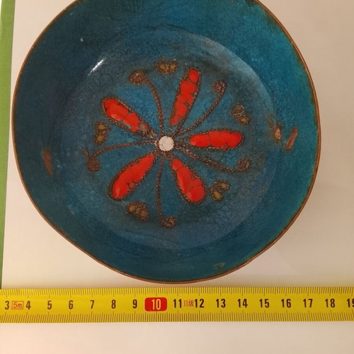 Vintage handmade brass bowl with enamel decoration used