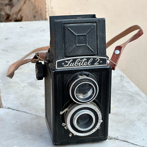Lubitel 2 camera used with original leather case
