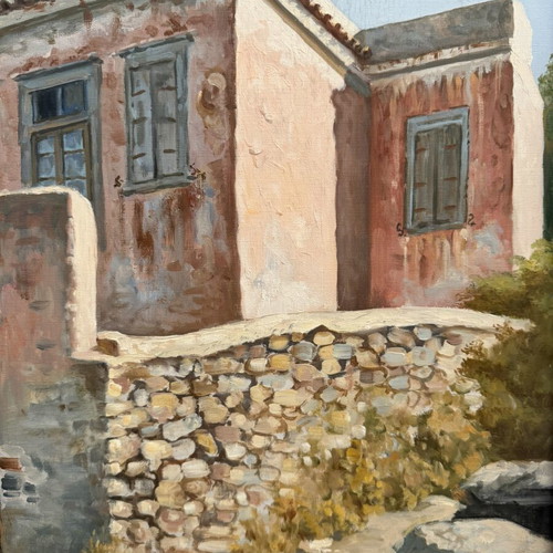 Oil painting by Antonios Voumbakis used, traditional Aegean house