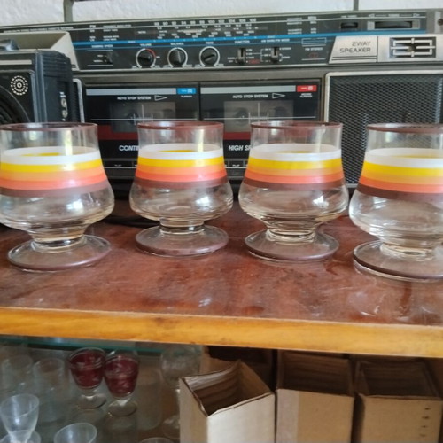 Set of 4 retro authentic glass brandy glasses with colored stripes