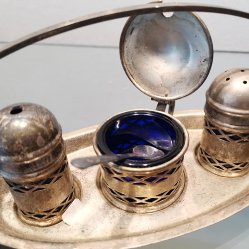 English salt and pepper set of three used, silver plated