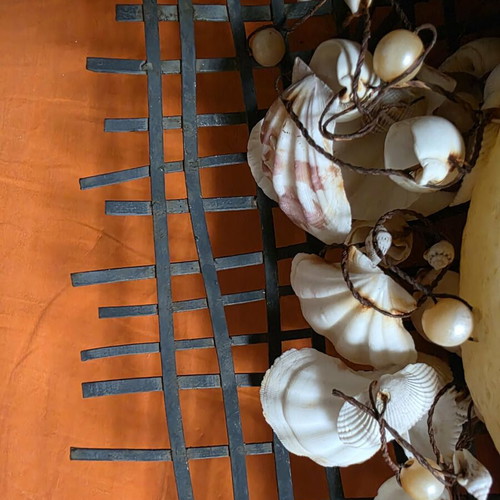 Decorative metal tray like new with shells and candle 38.5x37 cm
