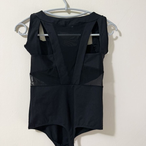 Med black bodysuit with mesh panels and open back, size M