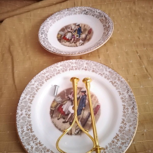Two-tier English porcelain serving platter with gold floral trim