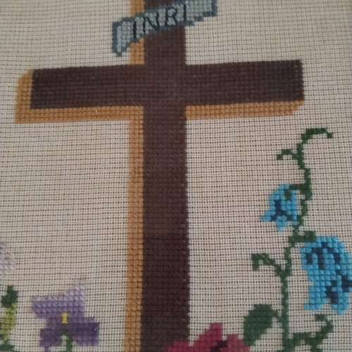 Embroidered cross framed artwork used 26×20 cm