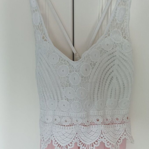 Maxi dress with white lace bust and soft pink color like new