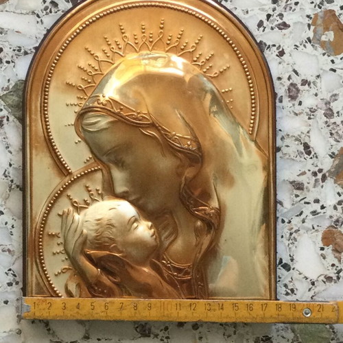 Madonna and Child embossed religious icon like new, gold and silver finish