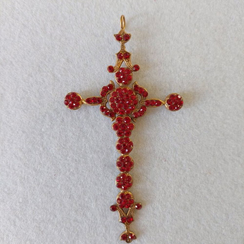 Bronze cross with red Swarovski crystals, handmade, new