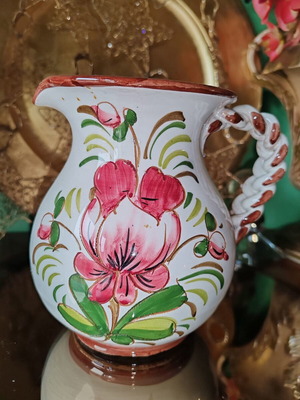 Pitcher with woven handle and fresh summer colors new, German ceramic
