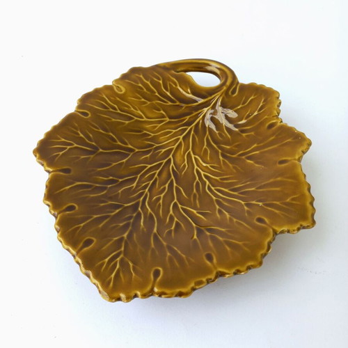 Ceramic serving platter old, leaf-shaped, used, olive green