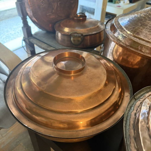 Copper cookware collection like new with embossed Justice decorative plate