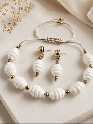 Bracelet and earrings set with adjustable cord, white acrylic beads, steel