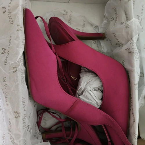 Jenny Fairy fuchsia satin heels with tie like new, size 38