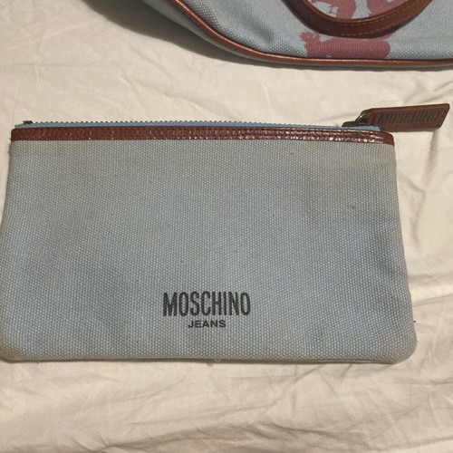 Moschino shoulder bag and denim pouch used, cotton and leather