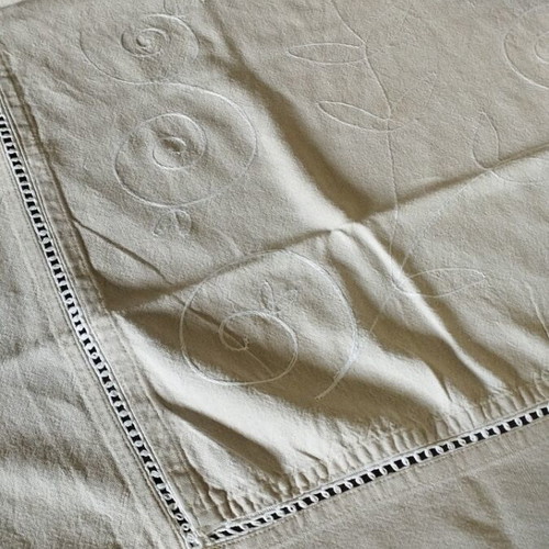 Linen tablecloth like new in earthy soft gray beige with embossed embroidery