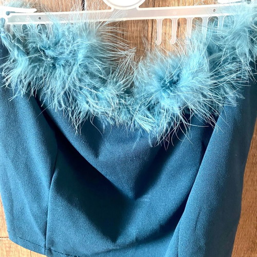 Strapless Top teal blue with feather trim size S-M like new