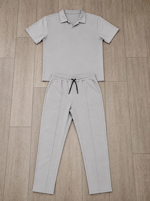 Men's sports set like new, gray, size L, short-sleeve shirt with collar and long pants