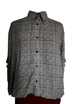 Pink Woman checked shirt like new, grey-white with elbow frill detail