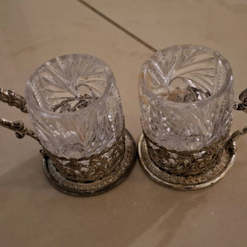Handmade cups used, set of 2 with ornate silver-plated exterior