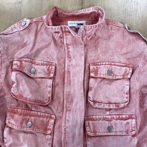 Fashion Nova Billie crop pink cargo jean jacket, acid wash with tie-dye effect