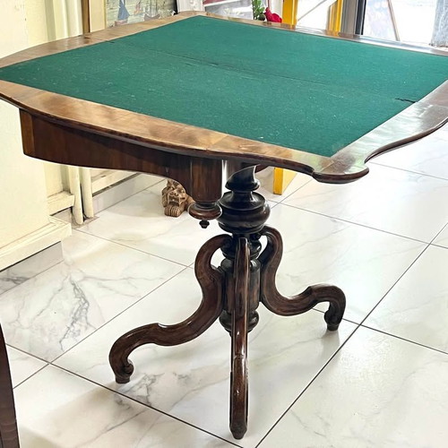 Antique table used, folding, solid walnut with storage space