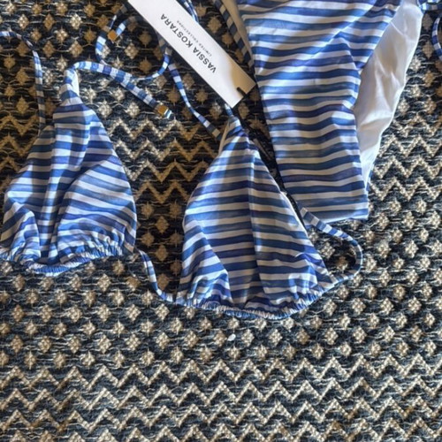Vassia Kostara bikini new, large bottom XL top, white and blue