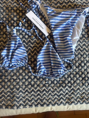 Vassia Kostara bikini new, large bottom XL top, white and blue