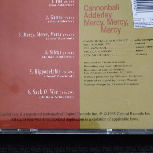 Cannonball Adderley Mercy, mercy, mercy Live At The Club CD like new, jazz