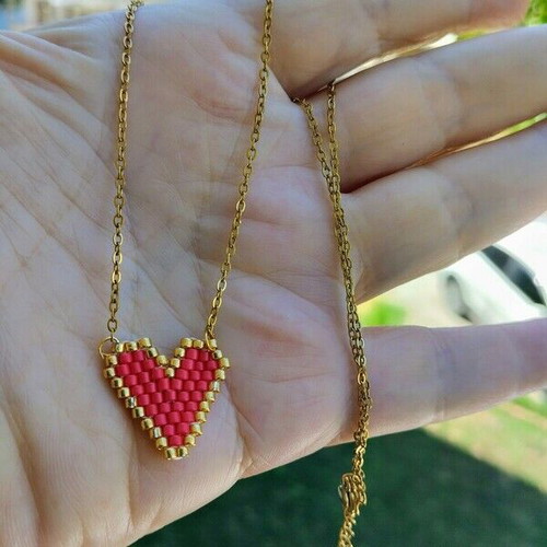 Steel necklace heart pendant with miyuki delica beads