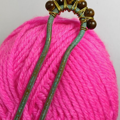Hair Fork handmade, new, brass oxidized with semi-precious stones