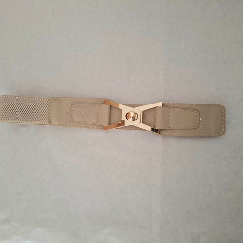 Elastic beige waist belt with gold buckle used, adjustable 90 cm