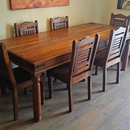 Indian Art Palace dining set, handmade solid wood with metal details